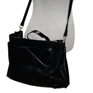 Co-Lab Women's 100% Leather Sleek Black Double Handle Crossbody Bag 13"x 10"x 5"